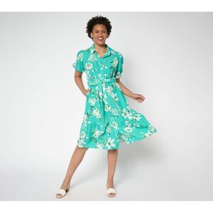 Truth + Style Women's Petite Dress PL Printed Textured Woven Button Green